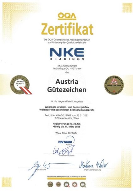 Austria Gütezeichen für Steyrer Wälzlagerhersteller NKE